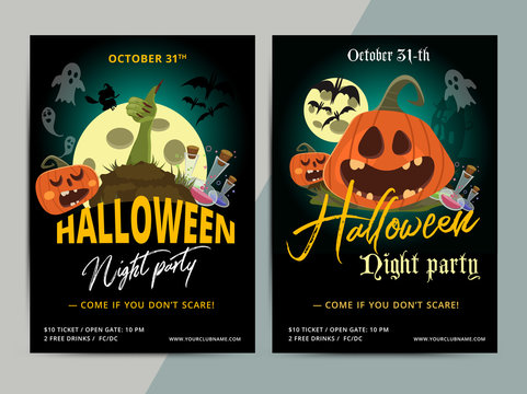 Happy Halloween party poster template design. All hallow eve flyer in scary cartoon style. All saint holiday club event layout. Vector illustration