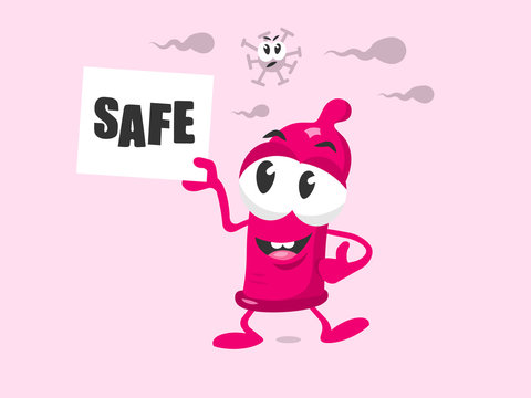 Mr. Condom recommends safe sex. Vector illustration of funny condom mascot with text label in his hand.