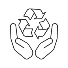 Open palms with recycling sign linear icon