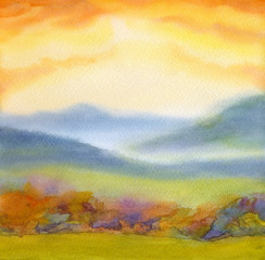 Watercolor landscape. Sunset over mountains
