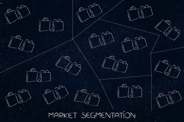 shopping bags divided into different groups with dashed lines, segmentation concept