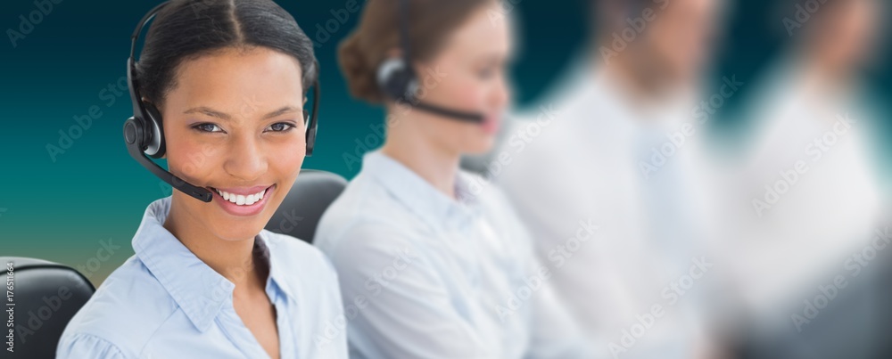 Poster composite image of business people with headsets using computers