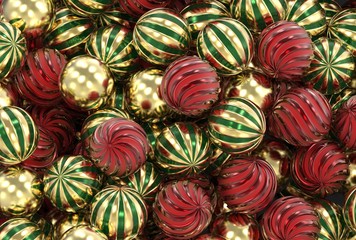 3d rendering Christmas, New Year, festive gold, green and red balls