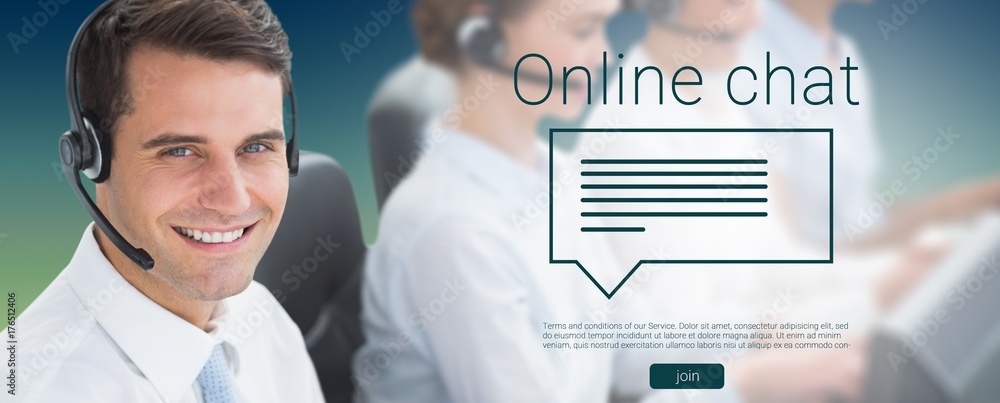 Poster composite image of business people with headsets using computers