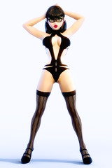 Sexy glamorous girl black mask, body and stockings.Young beautiful woman studio.Girl standing full body candid provocative pose.Realistic 3D rendering illustration. Pastel, watercolor, cartoon drawing