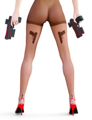 Dark nylon tights with guns, bullets and trajectory line. Sexy slim female legs dark pantyhose. Seductive pose. Conceptual fashion art. 3D render illustration. Pastel, watercolor, cartoon drawing
