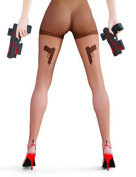 recommend clip art: Dark nylon tights with guns, bullets and trajectory line. Sexy slim female legs dark pantyhose. Seductive pose. Conceptual fashion art. 3D render illustration. Pastel, watercolor, cartoon drawing