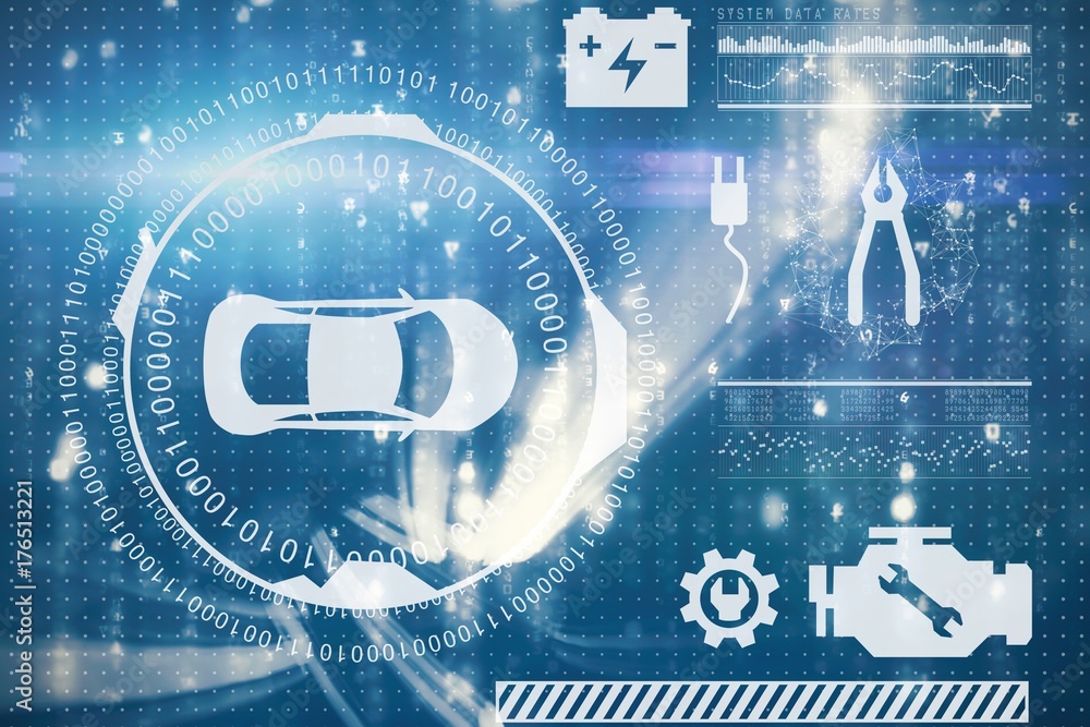 Poster composite image of digitally generated image of car and tools