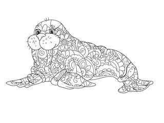 Sea walrus. An animal of the North Pole. Coloring book