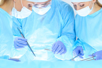 Group of surgeons at work while operating at hospital. Health care and veterinary concept