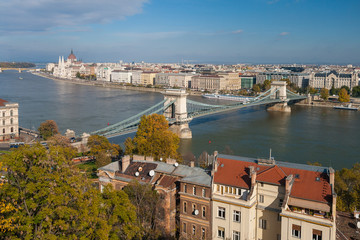 Fototapeta na wymiar View of Szechenyi Chain Bridge, the first permanent bridge across the Danube, Budapest, Hungary