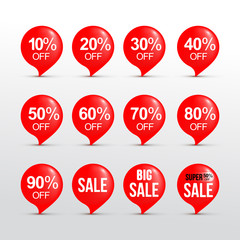 Set of discount sticker. Sale red tag vector illustration. Discount offer price label, vector price discount symbol. Isolated on gray background