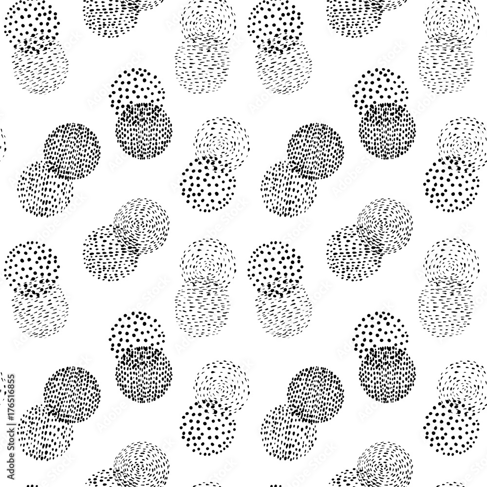 Poster moder simplistic geometric seamless pattern with overlapping doodle circles in black on white backgr