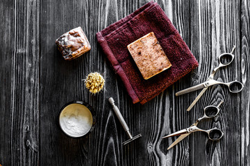 Tools for cutting beard barbershop top view on wooden background