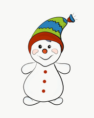 Little cute cheerful snowman in a colored hat
