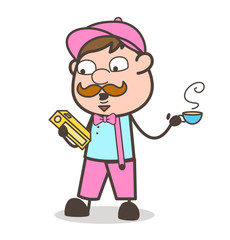 Cartoon Office Employee with Book and Hot Coffee Vector