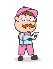 Cartoon Seller Person Reading Messages in Mobile Vector