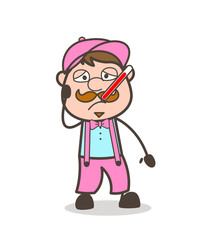 Ill Cartoon Ice-Cream Seller with Fever-Thermometer in Mouth