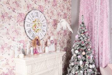 Beautiful Christmas nice pink interior. Concept of Merry Christmas and Happy New Year