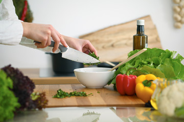 Closeup of human hands cooking vegetables salad in kitchen on the glass  table with reflection