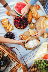 Beautiful young girls girlfriends on a picnic on a summer day with berry pie. The concept of...