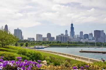 Fotobehang Modern architecture and urban background. Cloudy sky over Chicago downtown skyline, lake Michigan marina and bright blooming flowers on a foreground. Chicago, Illinois, Midwest USA. Horizontal view. © Maryna