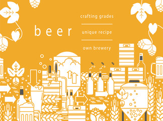 Beer tap, mug, glass with beer, kegs, bottles, equipment for brewery, hops, wheat. Linear pattern on a yellow background. Vector illustration. Cropped with a mask.