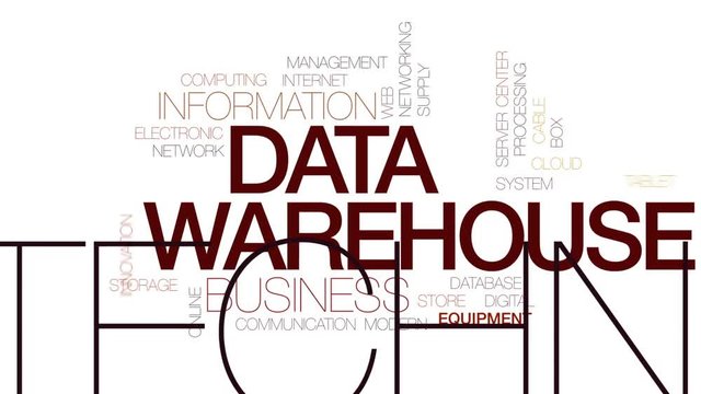 Data warehouse animated word cloud, text design animation. Kinetic typography.