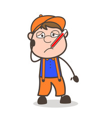 Ill Cartoon Worker with Fever Thermometer Vector