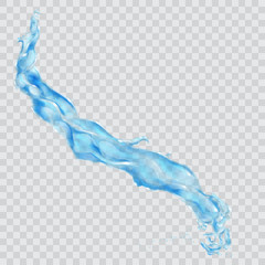 Transparent water jet or splash with water drops in light blue colors, isolated on transparent background. Transparency only in vector file
