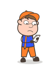 Cartoon Salesman Checking Smartphone Features Vector Concept