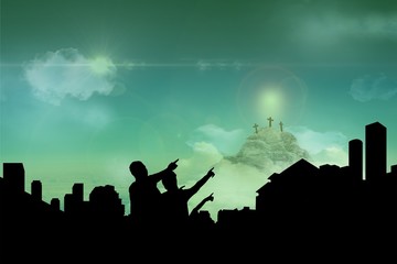 Composite image of family of four pointing at copy space