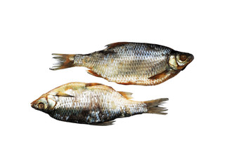Dried fish isolated on white background. Two stockfish, yin yang, snack to beer
