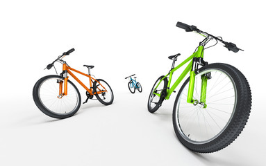 Three colorful bikes going in different directions isolated on white background. Sport concept