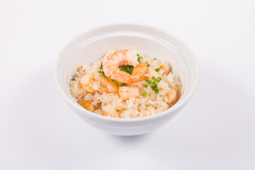 Plate of chicken fried rice on white plate. isolate, close up