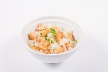 Plate of chicken fried rice on white plate. isolate