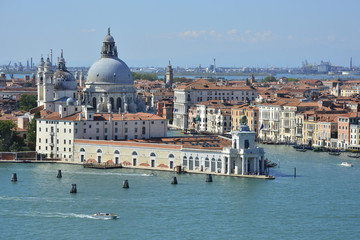 Naklejka premium The view from the top of the bellltower of San Giorgio Maggiore church in Venice showing Punta Della Dogana and the church of Santa Maria Della Salute
