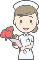 Illustration that a female nurse wearing a white suit has a bouquet of flowers