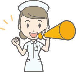 Illustration of a female nurse wearing a white suit with a megaphone
