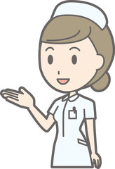 An illustration that a woman nurse wearing a white suit stands at an angle