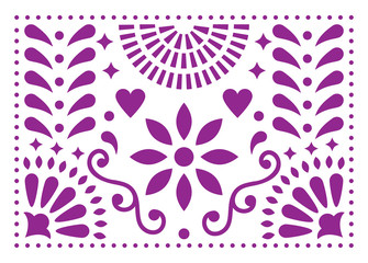 Mexican folk art vector pattern, purple design with flowers inspired by traditional art form Mexico 
