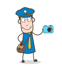 Cartoon Postman Character Showing Camera Parcel Vector