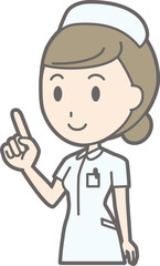 Illustration of a female nurse wearing a white suit facing obliquely pointing to a finger