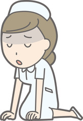 Illustration that a woman nurse wearing a white suit sits down on the floor