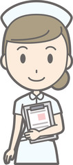 Illustration that a female nurse wearing a white coat has a file