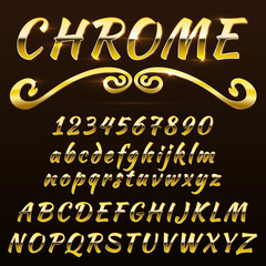 Chrome shiny retro, vintage font, typeface, mado of metal or steel