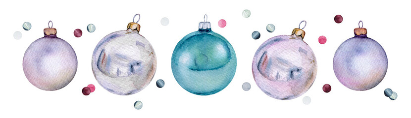 Set of watercolor Christmas glass balls and confetti. Нand-drawn Xmas or New Year decoration