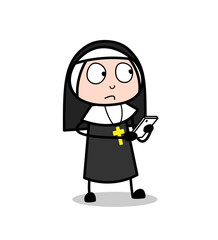 Fototapeta premium Cartoon Nun Chatting with Friend on Mobile