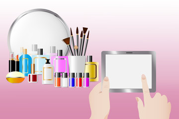 Cosmetic accessories standing in front of a mirror on the pink background. Female hands are holding a touching tablet with empty screen ready for your text. All potential trademarks are removed.