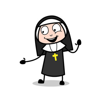 Joyful Nun Character Laughing and Showing Helping Hand